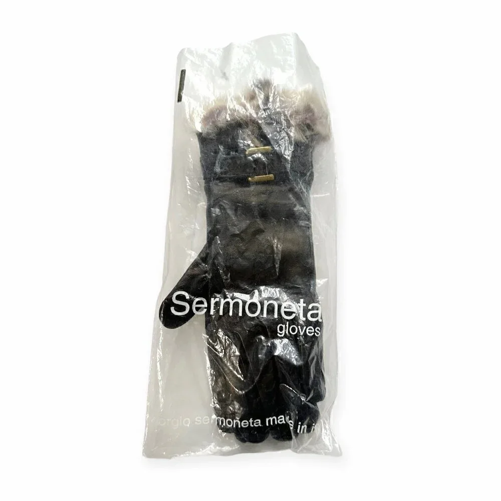 Sermoneta Leather Cashmere Lined gloves with Rabbit fur Trim size 7.5, Black NWT